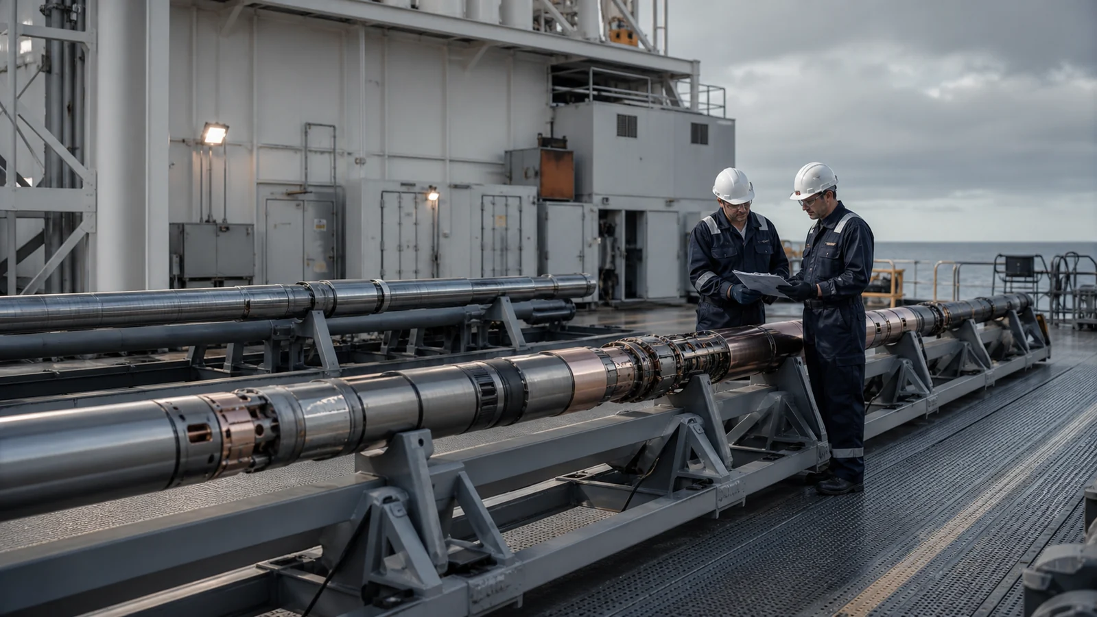 Completion engineers reviewing downhole completion equipment prepared on handling racks