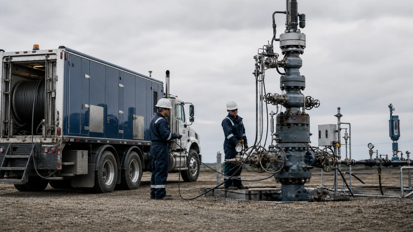 Electric wireline specialists working around a wellhead and pressure-control equipment