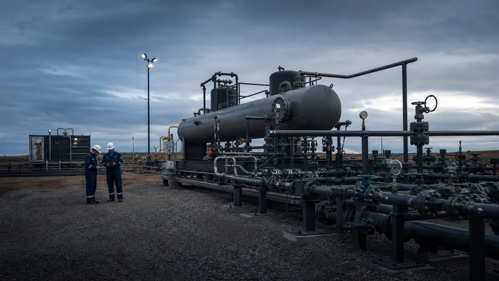 Surface well testing separator and process equipment at a remote land wellsite